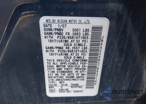 2007 Nissan Murano Sl из США, поврежденный, VIN JN8AZ08W37W637169